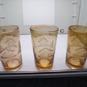 3 x Home Studio Woodland Amber Glass Tumblers 6.25” Etched Snowy Log Cabin Trees